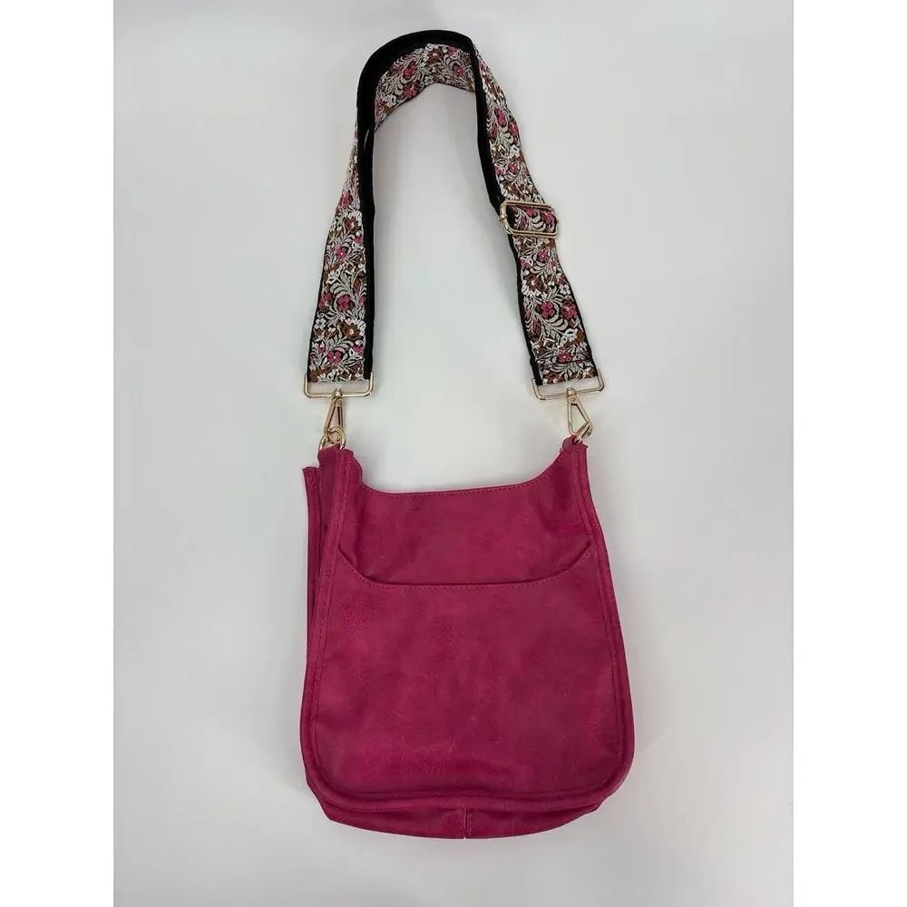 Adorned Hot Pink Messenger Crossbody Bag Boho Faux Leather Purse Floral Strap